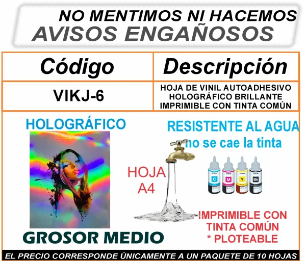 VIKJ-6, VINIL AUTOADHESIVO HOLOGRÁFICO IMPRIMIBLE TINTA COMÚN 10 HOJAS A4 - Imagen 2
