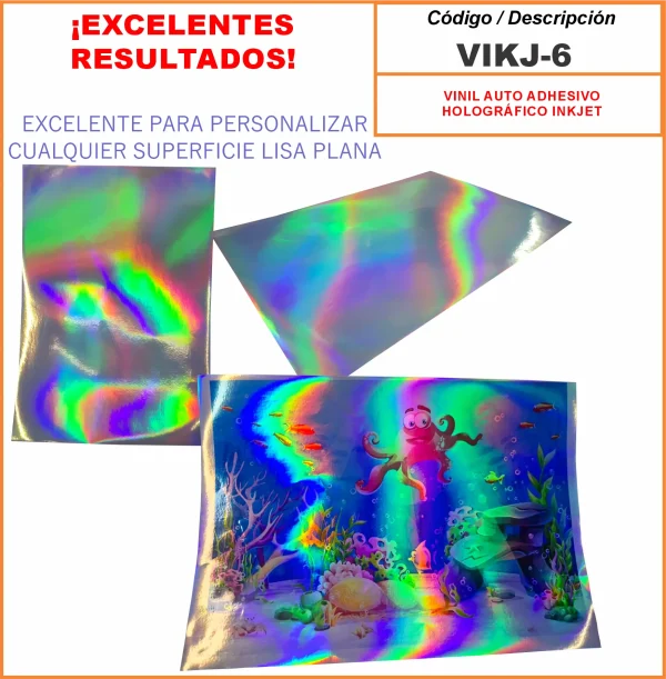 VIKJ-6, VINIL AUTOADHESIVO HOLOGRÁFICO IMPRIMIBLE TINTA COMÚN 10 HOJAS A4 - Imagen 3