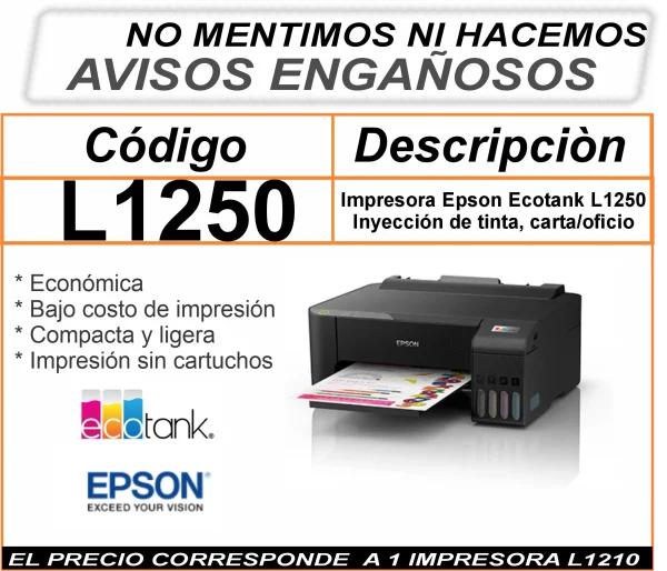 L1250 IMPRESORA EPSON ECOTANK CON TINTAS E INSUMOS DE REGALO - Imagen 2