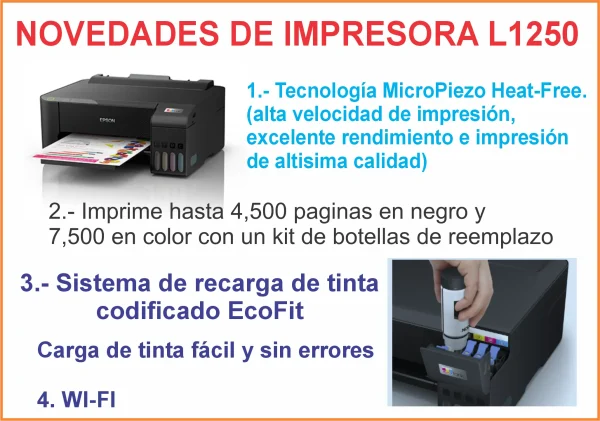 L1250 IMPRESORA EPSON ECOTANK CON TINTAS E INSUMOS DE REGALO - Imagen 4