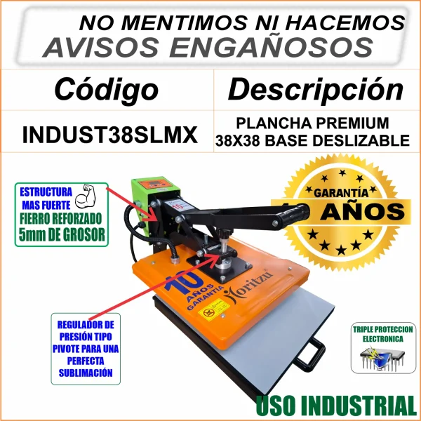 INDUST-38SL MX PLANCHA DE SUBLIMACIÓN BASE DESLIZABLE 10 AÑOS DE GARANTÍA. - Imagen 3