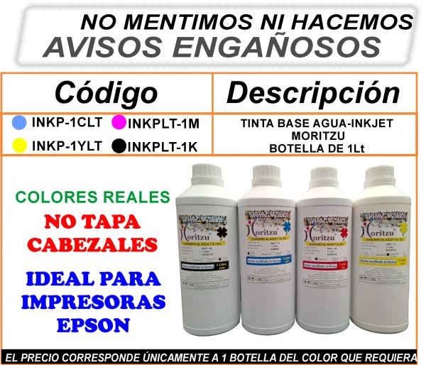 TINTA BASE AGUA INKJET MORITZU 1L - Imagen 2