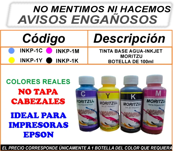 TINTA BASE AGUA INKJET MORITZU 100ml - Imagen 2