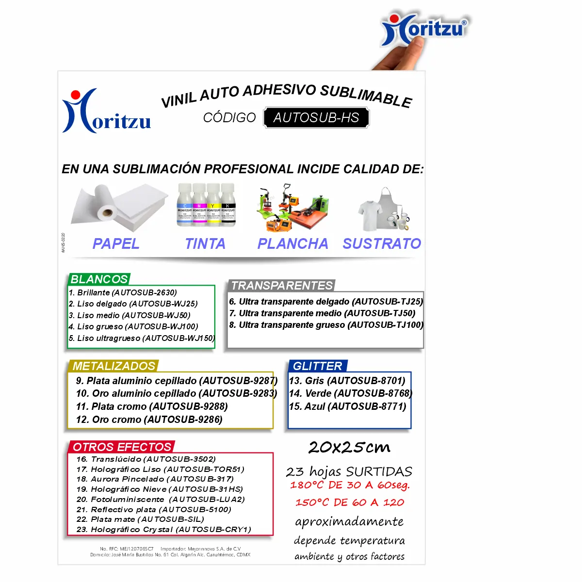 AUTOSUB-HS Vinil Adhesivo Sublimable Surtido. Paq. 23 Hojas