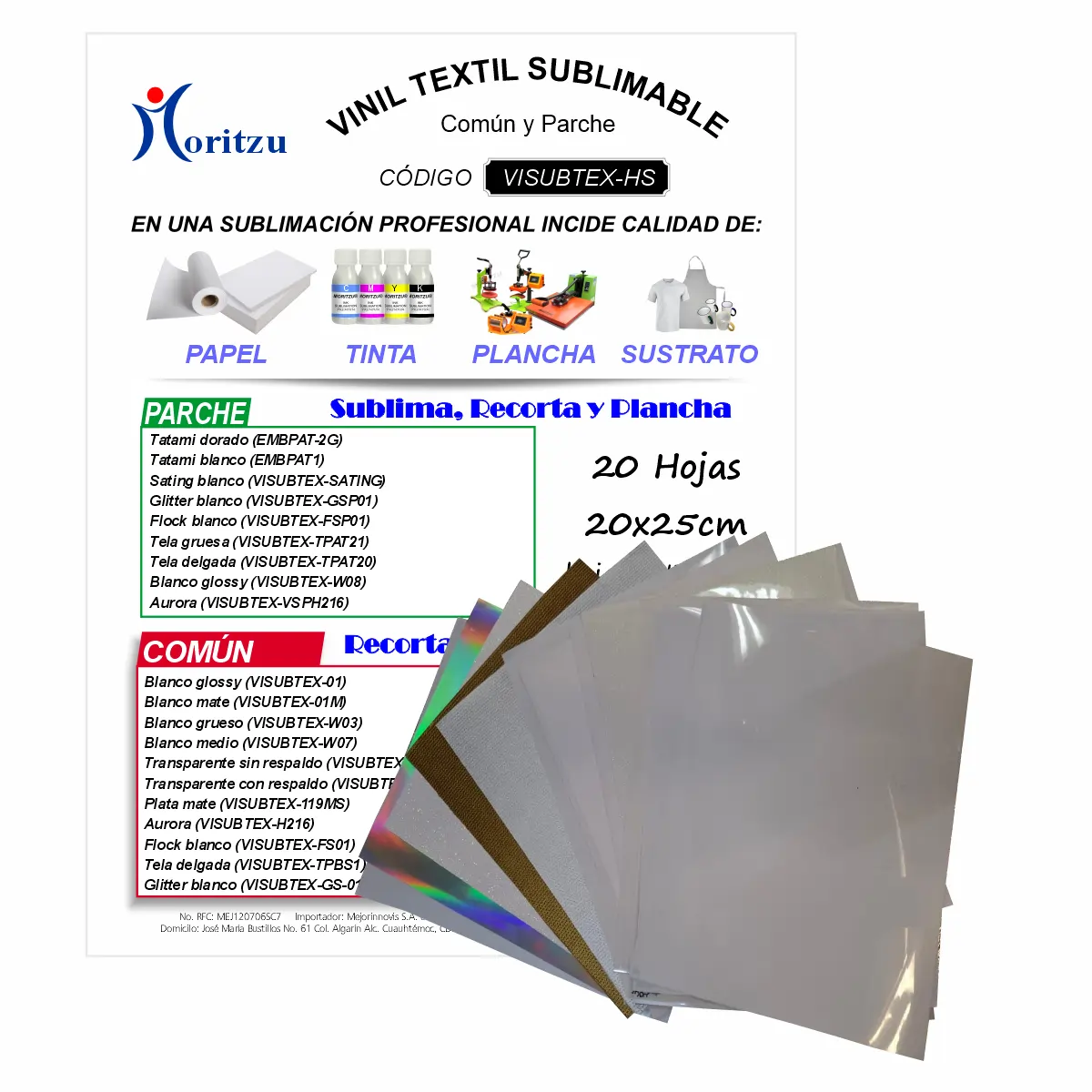 VISUBTEX-HS Vinil Textil Sublimable Surtido. Paq. 22 Hojas