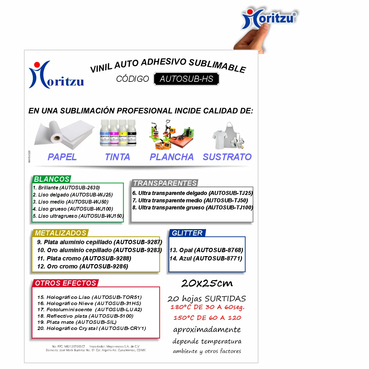 AUTOSUB-HS Vinil Adhesivo Sublimable Surtido. Paq. 20 Hojas